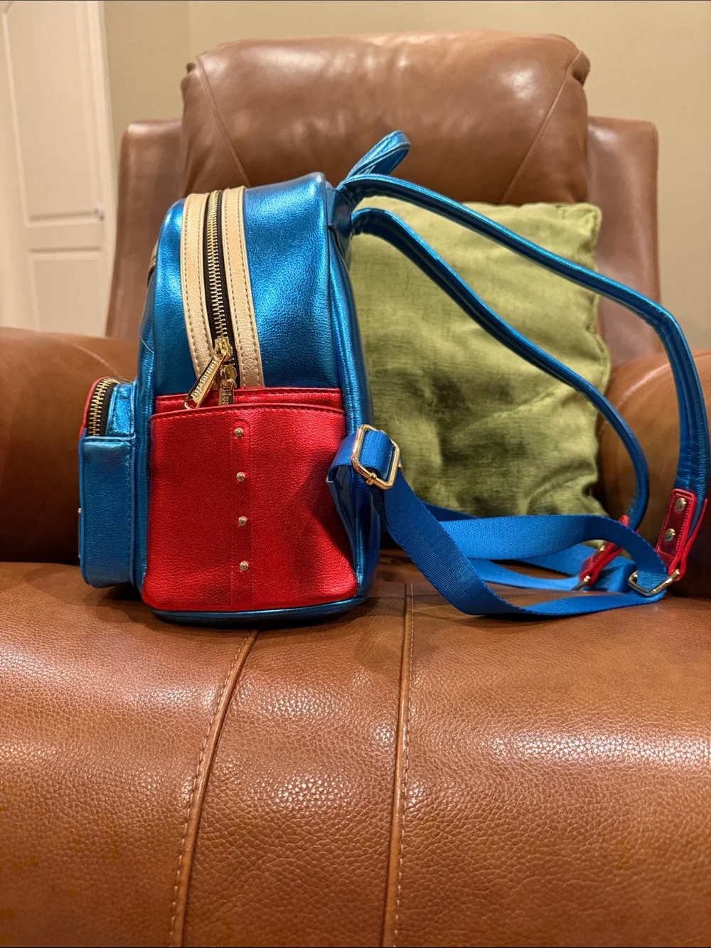 Loungefly Captain Marvel Metallic Blue, Red & Gold Mini Backpack with Wallet